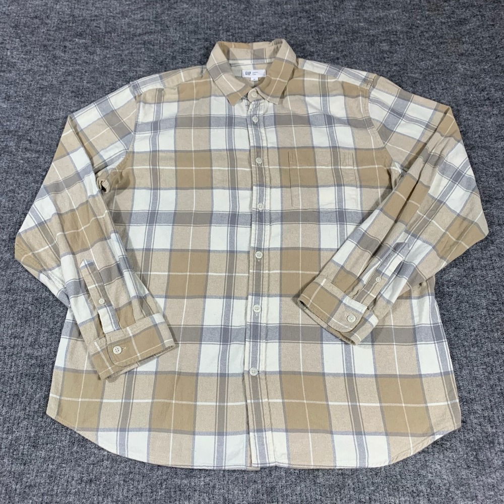 Gap Shirt Mens XL Beige Plaid Flannel Button Up Straight Fit Outdoors Grunge
